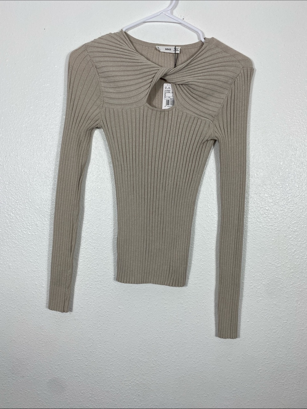 Mango Cream Ribbed Twist Keyhole Long Sleeve Top Size S Shell Viscose - Picture 4 of 11